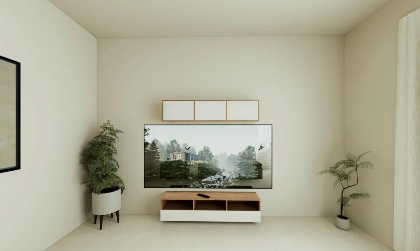 The penthouse entertainment lounge with a large screen on a low wood console