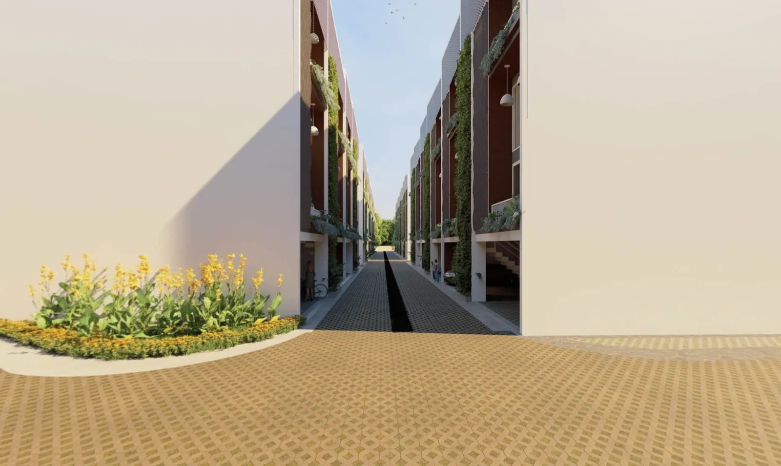 The green spine between two rows of villas, with a water channel down the middle