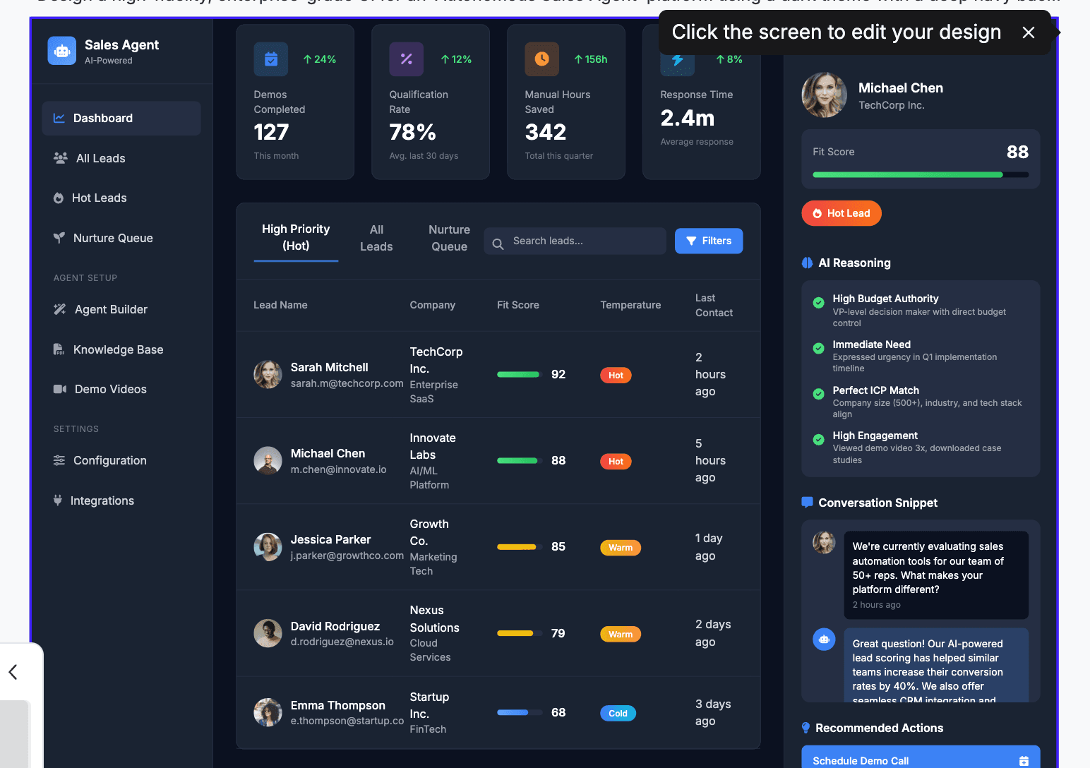 DealAGI sales dashboard showing qualified leads and AI reasoning